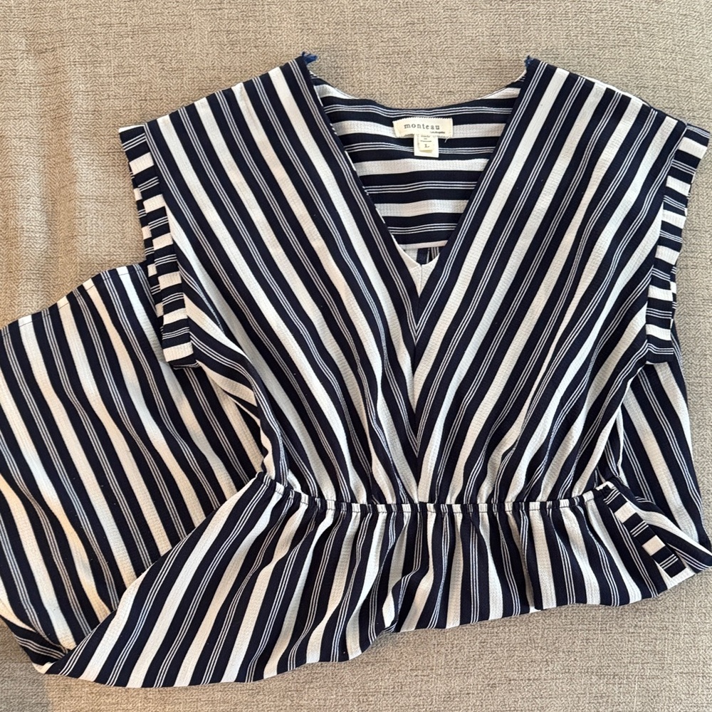 Monrow Navy and White Striped Short Dress